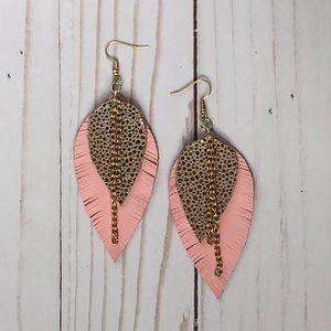 Pink leather feather earrings
